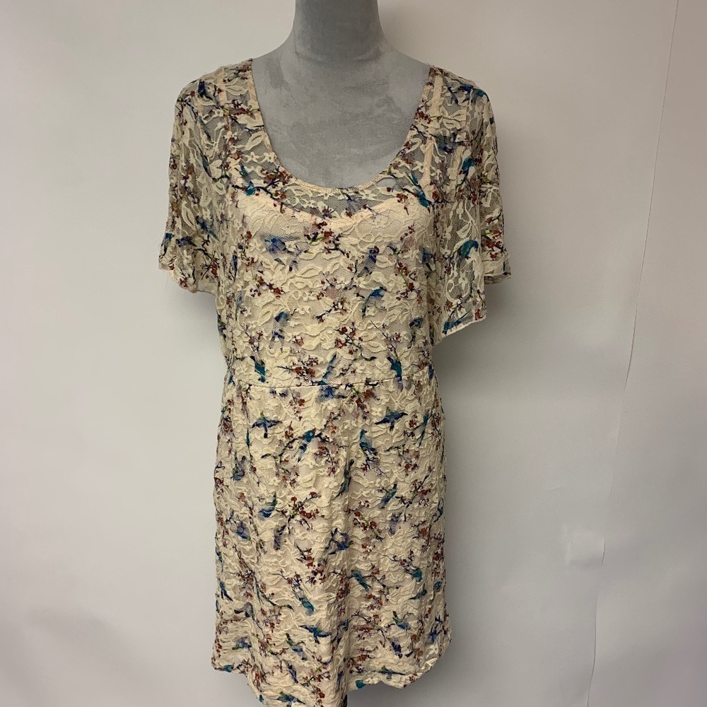 Charlotte Russe Dress Mini Lace  Bird Print Whimsical Unique Boho  Womens SZ L